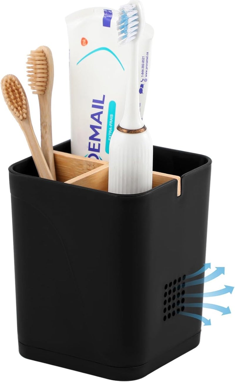 Heagoale Electric Toothbrush Holder 3 Slots Tooth Brushing Holder with Bamboo Dividers for Bathrooms, Plastic Toothbrush and Toothpaste Organizer for Shower, Countertop, Vanity, Black - Image 1
